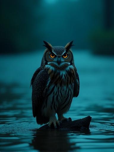 The rare and powerful Blakiston's fish owl at the edge of a river at dusk.